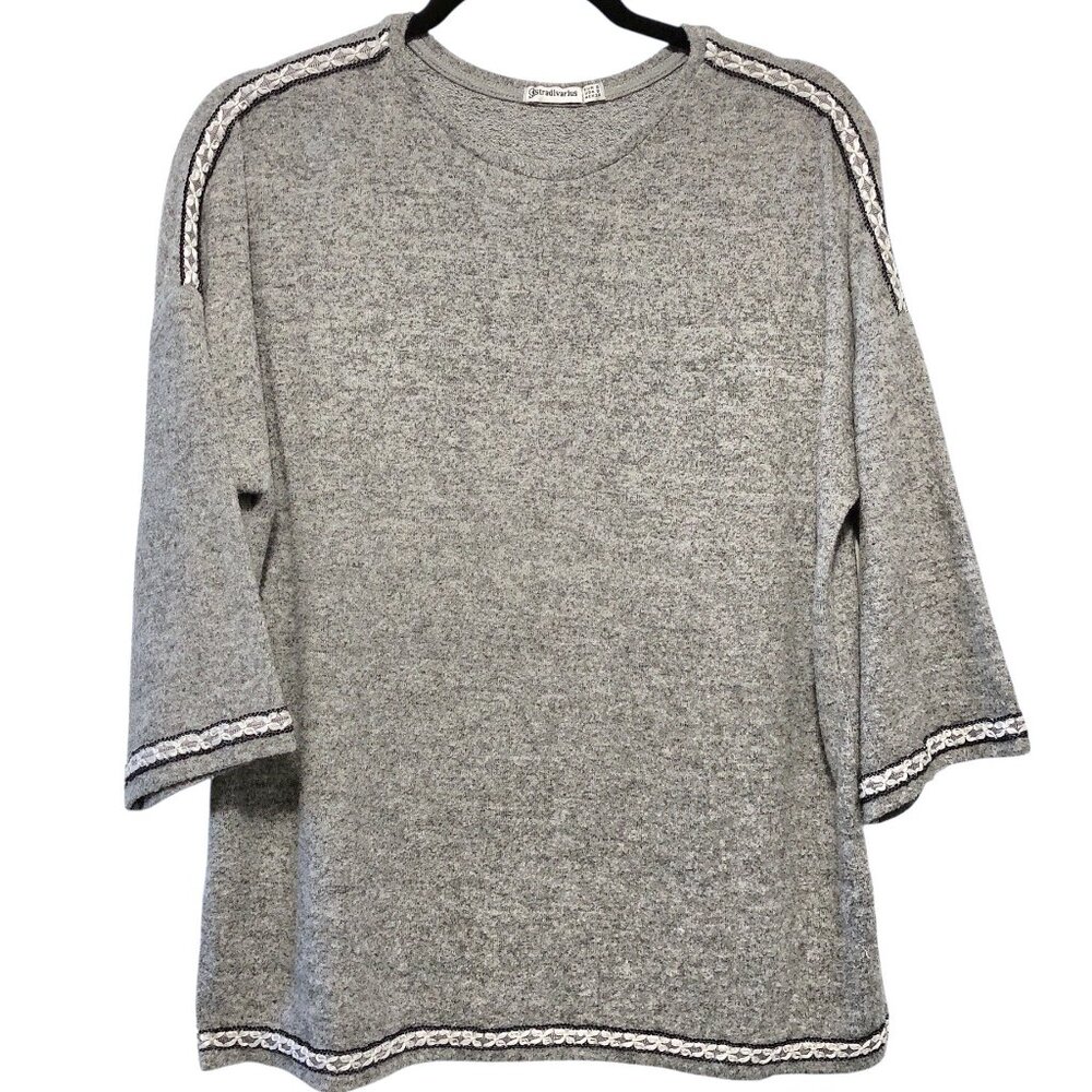 Stradivarius Solid Gray White Embroidery Round Ne… - image 1
